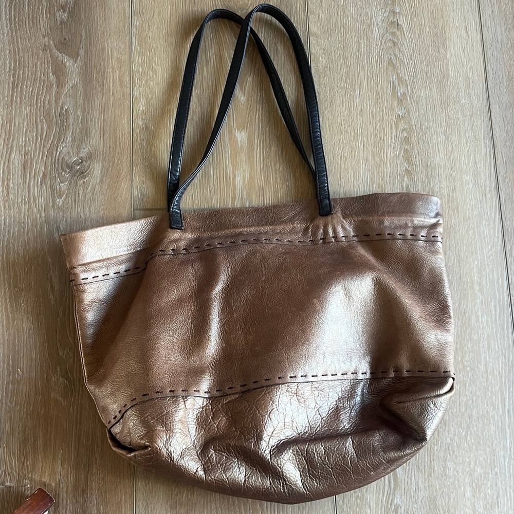 Chic Brown Leather Tote with Black Straps
